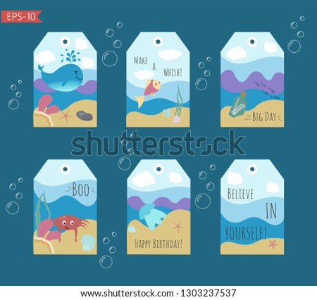 Set of six ready to use cute tags with marin illustration. 6 Birthday  isolated kids labels.  Vector.