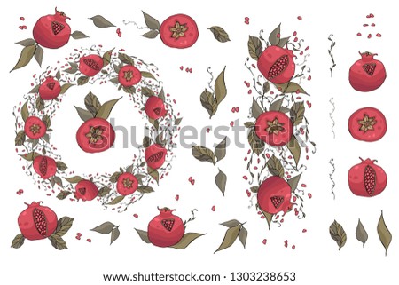 round with hand drawn pomegranates with leaves and seeds