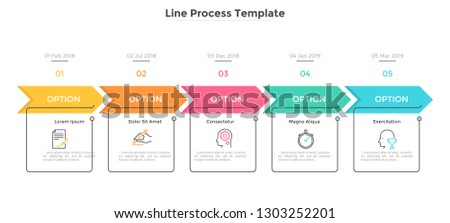 Horizontal chart with 5 rectangular elements, arrows and dates. Five milestones of company's development history. Simple infographic design template. Flat vector illustration for presentation, report. Royalty-Free Stock Photo #1303252201