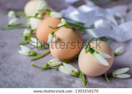 Easter background with easter eggs and spring flowers. Easter composition with eggs and the first spring snowdrops on a vintage gray background. Copy space. Selective focus.