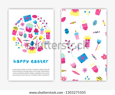 Card templates with doodle colorful Easter icons. Used clipping mask.