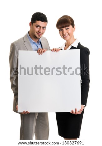 Business team couple holding blank poster