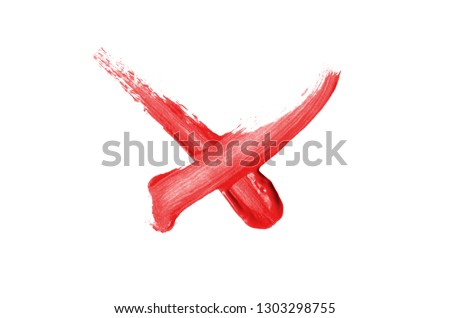 Bright liquid lipstick smear in the form of a check mark isolated on a white background. Cosmetic product stroke. Yes sign for checkbox. Red color