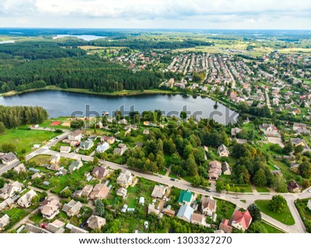 Beautiful aerial view of Moletai region, famous or its lakes. Scenic summer evening landscape, Moletai, Lithuania.