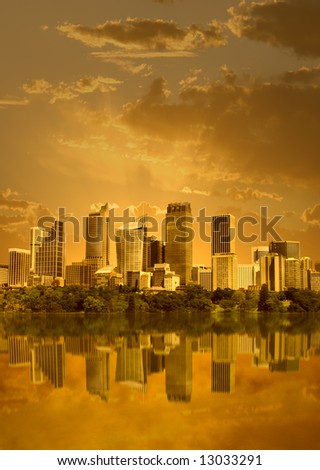 Cityscape in sunset with reflection in water (Sydney, Australia)