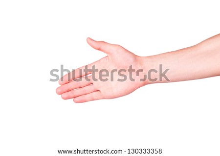 Male hand stretching for handshake isolated on white