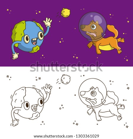 Coloring Book Page. Cartoon Vector Illustration. Cute Character: Eyelash planet Earth throws a ball in the form of the moon to a dog in a spacesuit on the background of the cosmos with the stars