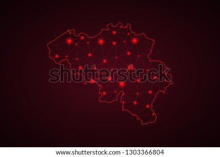 Abstract mash line and point scales on dark background with Map of belgium. Wire frame 3D mesh polygonal network line, design sphere, dot and structure. communications map of belgium. Vector. - Vector