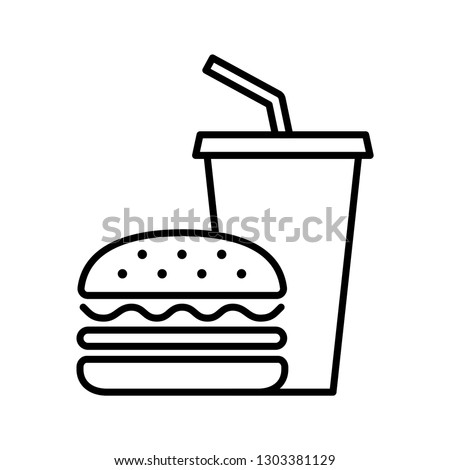 Hamburger and soft drink cup, Fast food icon, Outline flat design on white background, Vector illustration Royalty-Free Stock Photo #1303381129