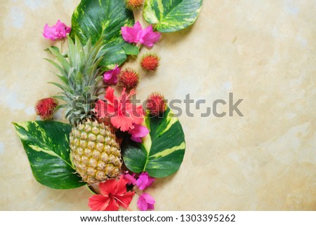Pineapple Rambutan Flower Fresh Exotic Composition.  Exotic Fruit Floral