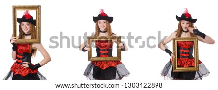 Woman pirate with picture frame isolated on white