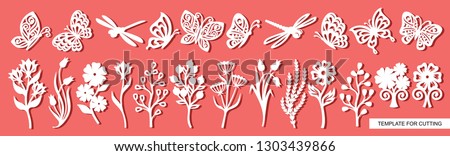 Set of twigs, flowers, butterflies and dragonflies. Plant theme. White objects on a pink background. Template for laser cutting, wood carving, paper cut and printing. Vector illustration. Royalty-Free Stock Photo #1303439866