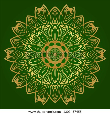 Flower Coloring Mandala. Decorative Elements. Oriental Pattern, Vector Illustration. Indian, Moroccan, Mystic, Ottoman Motifs. Green gold color.