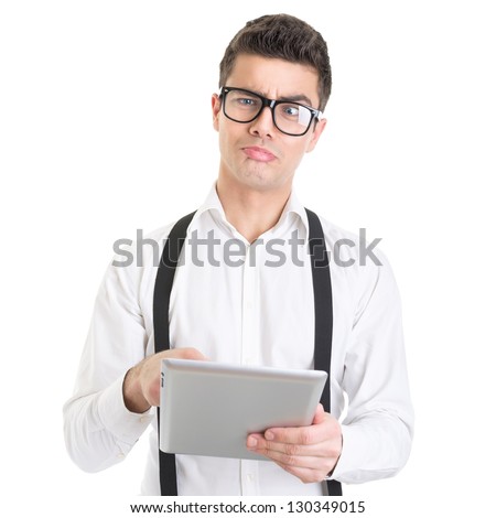 Weird facial expression businessman using digital tablet