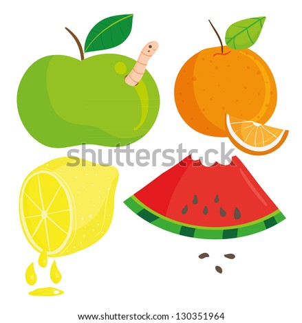 Hand-drawn illustration of an apple, orange, lemon, watermelon