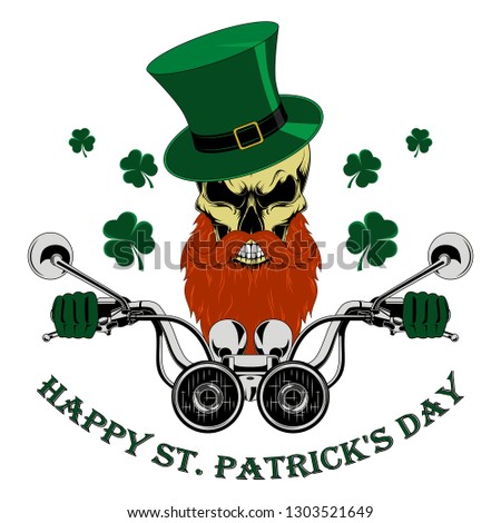 Skull with a beard and mustache in a green hat driving a motorcycle. Congratulations on the day of St. Patrick.