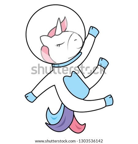 Adorable little baby unicorn falling in space with astronaut helmet. Cute pony flying in galaxy with eyes closed and smile. Horse with beautiful tail jump. Happy universe illustration for kids,nursery