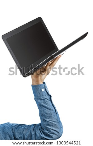 Man hand holding the black laptop with blank screen isolated on white background. Clipping Path. Creative image for gadget shop. device concept isolated on white background