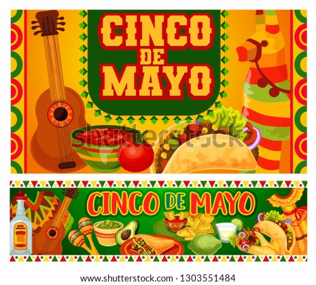 Cinco de Mayo Mexican holiday food, mariachi guitar and maracas vector greeting cards. Fiesta party tequila margarita, chilli tacos and nachos, pinata, avocado guacamole and tomato sauce