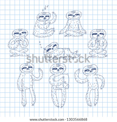 Collection of cute sloths isolated on squared paper sheet background. Hand drawn style. Design elements for greeting cards, magnets or stickers.