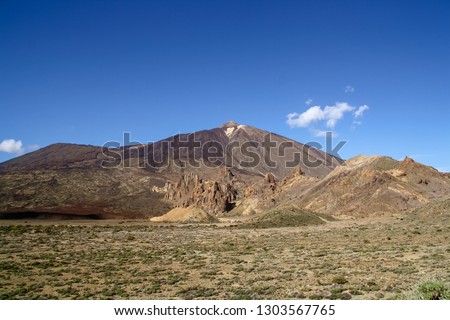 Teide volcano and Garcia and Catedral rocks, volcanic landscape of Tenerife island, Canary Islands, Spain. Geological landscape of the Teide National Park.