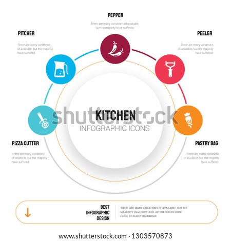 Abstract infographics of kitchen template. Pizza cutter, Pitcher, Pepper, Peeler, Pastry bag icons can be used for workflow layout, diagram, business step options, banner, web design.