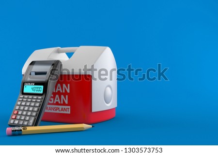 Cooler for human organ with calculator and pencil isolated on blue background. 3d illustration