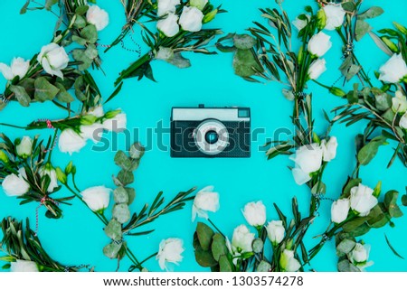 vintage camera with white roses on green background. Above view 