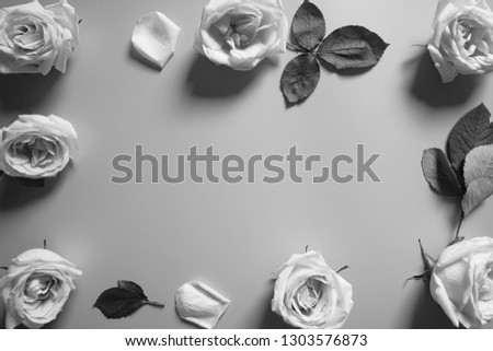 Black and white frame for classic Valentine's Day, Beautiful Floral theme beautiful fresh blooming roses with leaves on grey space background /selective focus, top view, space for colored logo or text