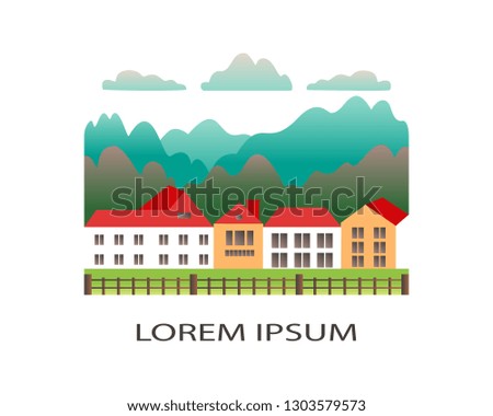 Rural valley Farm countryside isolated on white background. Village landscape with ranch in flat style design logo. Landscape with house farm, building, tree, cloud, hills cartoon vector illustration