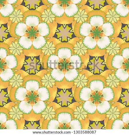 Abstract vector background. Floral seamless pattern with blooming flowers and leaves in beige, green and yellow colors. Stylish wallpaper with flowers.