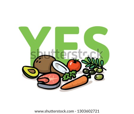 Say Yes to healthy lifestyle. Healthy food choice. Colorful flat illustration. Isolated on white background. Raster version.