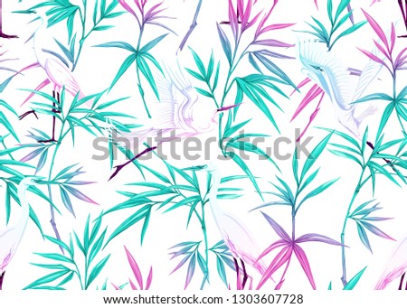 Seamless pattern, background with tropical plants, flowers and birds. Colored vector illustration in neon, fluorescent colors. Isolated on white background.
