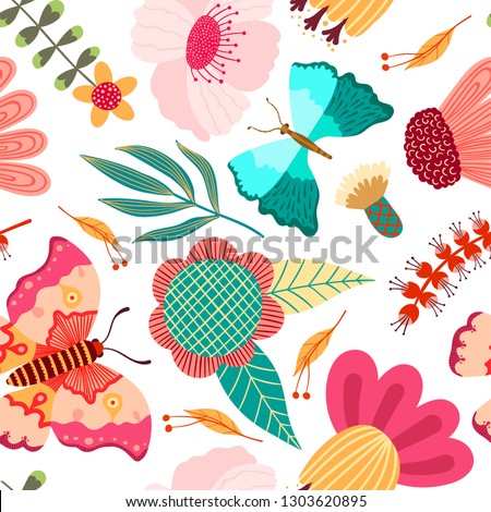 Seamless Summer Pattern with Flowers, Branch of Palm, Leaves, Butterfly. Creative Floral Texture. Great for Wallpaper, Fabric, Textile. Vector Illustration.