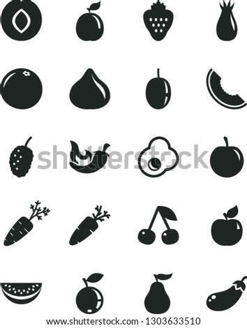 Solid Black Vector Icon Set - chili vector, carrot, fried egg, strawberry, cherry, apricot, plum, rose hip, fig, blueberry, tasty mulberry, slice of melon, water, passion fruit, guava, grapefruit