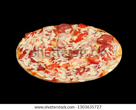 Italian pizza isolated on black background. Tasty pizza slices with melting cheese, tomatoes, bacon, ham, paprika, pepperoni ingredients. Delicious fast food, hot pizza.