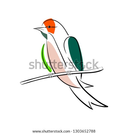Bird on a branch abstract black lines contours and colored spots. A vector illustration on a white background.
