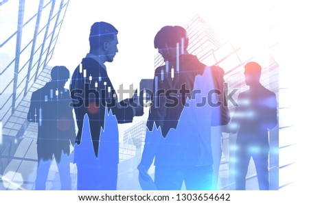 Two young businessmen discussing document with their colleagues silhouettes standing over skyscraper background with double exposure of Forex graph. Toned image