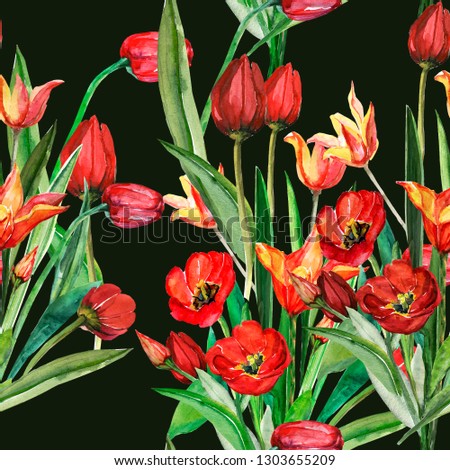 Seamless pattern of yellow-red tulips.