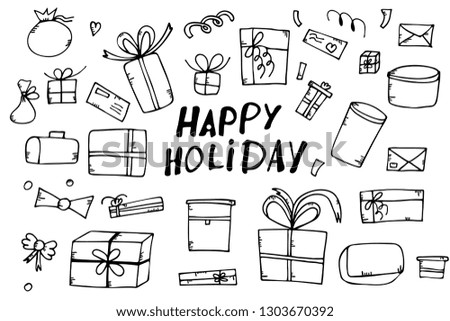 Set of gift boxes. Collection of holiday presents in doodle style. Vector black and white design illustration.