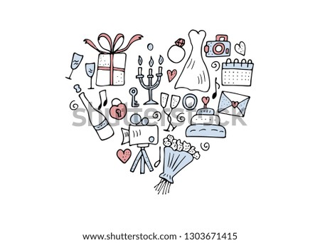 Wedding heart composition. Holiday elements in doodle style isolated on white background. Vector conceptual illustration.