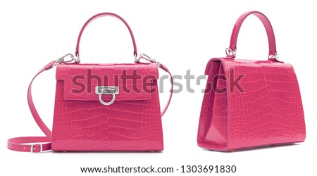 Beautiful luxurious bright pink crocodile leather handbag set, three quarter view and back view, with shadow on white background