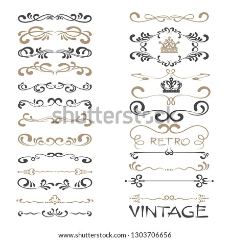 Decorative elements in vintage style on white background. Big set. Vector graphic