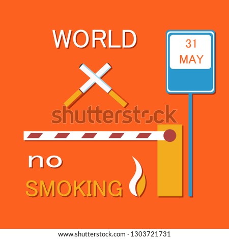 World no smoking poster with two crossed cigarettes, barrier and road sign forbidden nicotine usage vector illustration restricting tobacco smoke