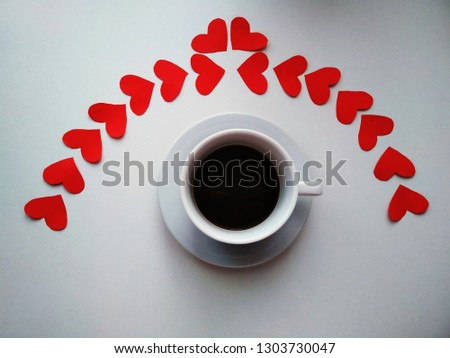 A Cup of Coffee, Paper Red Hearts, Valentine Day symbols. 