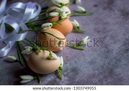 Easter concept. Snowdrops, Easter eggs with a ribbon in a row. Easter background with easter eggs and spring flowers. Copy space. Selective focus.