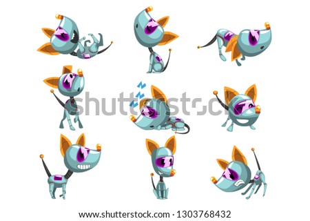 Cute robotic dog set, funny robot animal in different actions vector Illustrations on a white background