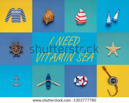 Text "I Need Vitamin Sea". Set of decorative items: seashell, seastar, sailboat, vessel, anchor, frock, life buoys, beacons, steering wheel, compass. Summer vacation, sea travel concept. Photo collage