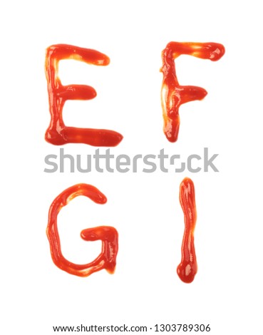 Set of few letters, E, F, G, I, made of cooking sauce, composition isolated over the white background
