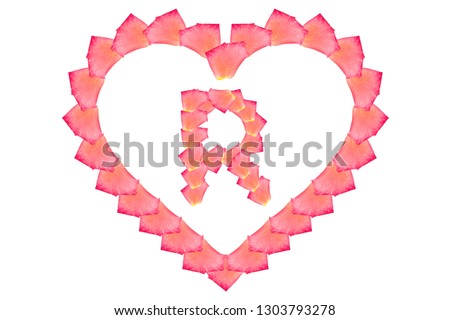 Love Rose petal letter R Background image, Rose Petal letters/alphabet/characters constructed from rose petal on white background and light pink background. Letter R into Love shape.